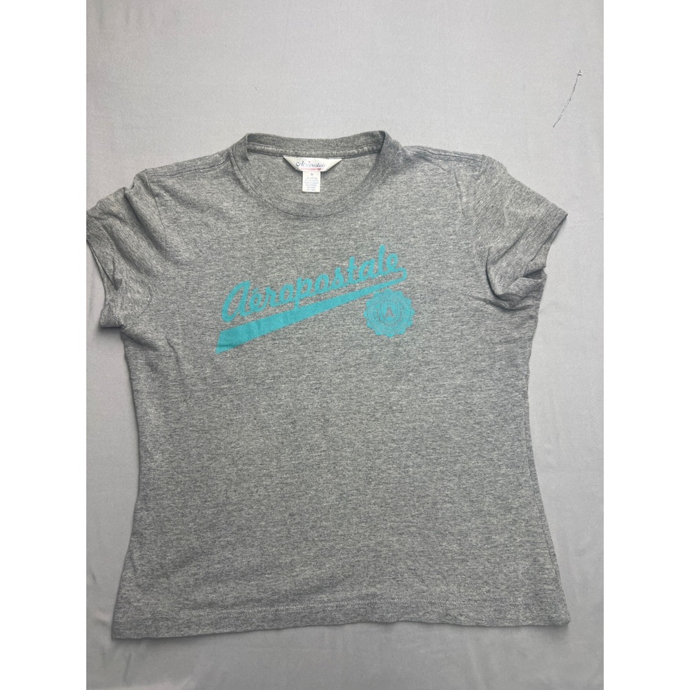 Aeropostale Womens Gray Heather Teal Graphic Logo Boyfriend Tee Shirt Size M